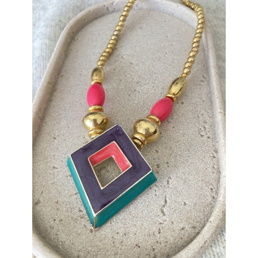 GLAM Retro 80s 90s Geometric Pendant Necklace Gold Tone Enamel Statement Pink